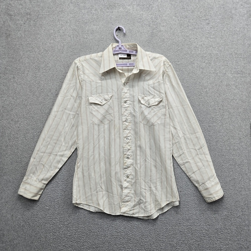VINTAGE Jcpenney Men Button Up Shirt 16 - 34 Cream Western Shirt Striped Pearl